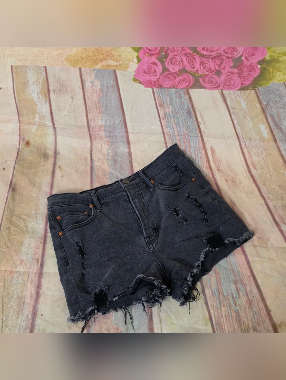 Jessica Simpson Black Distressed High-Waist Button Fly Denim Shorts SZ 27